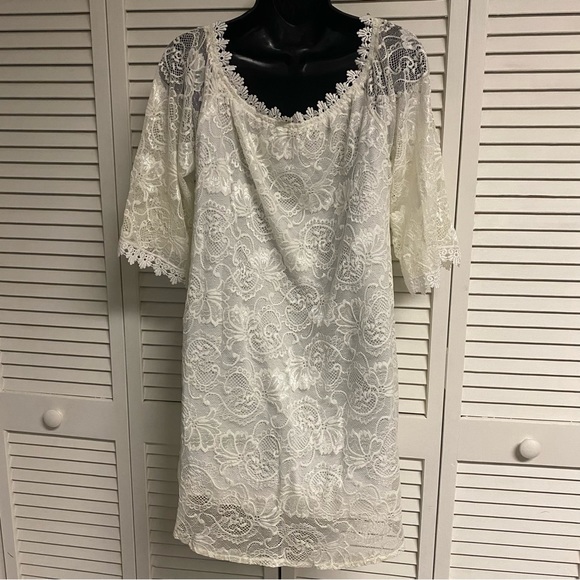 MIHOLL Women's Off Shoulder Lace Shift Loose Mini Dress Size L - Picture 3 of 4